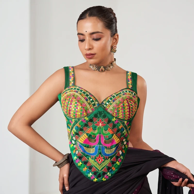 Green Navratri Silk Corset Blouse with Real Mirror & Multicolor Thread Work