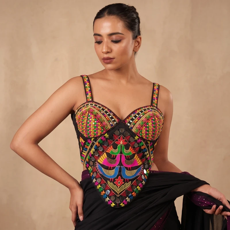 Black Navratri Silk Corset Blouse with Real Mirror & Multicolor Thread Work