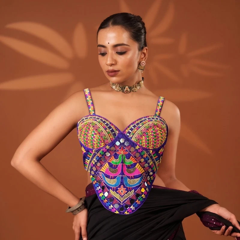 Purple Navratri Silk Corset Blouse with Real Mirror & Multicolor Thread Work