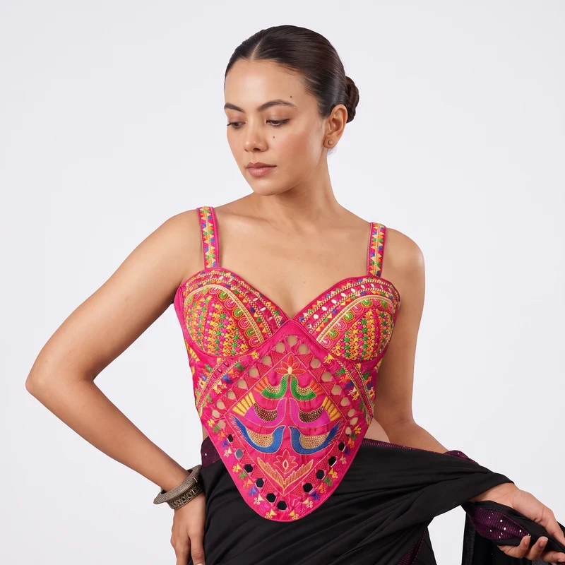 Rani Navratri Silk Corset Blouse with Real Mirror & Multicolor Thread Work