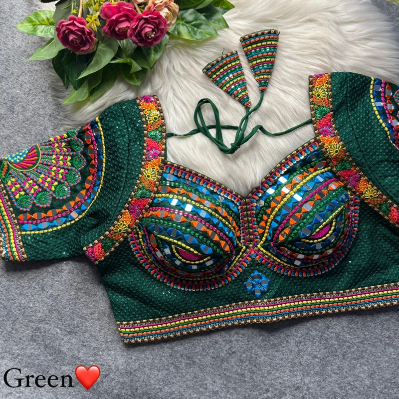 Green Thread Work Silk Navratri Blouse with Sweetheart Neck