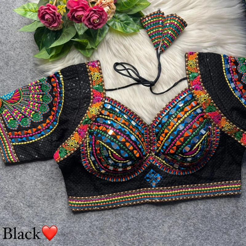 Black Thread Work Silk Navratri Blouse with Sweetheart Neck