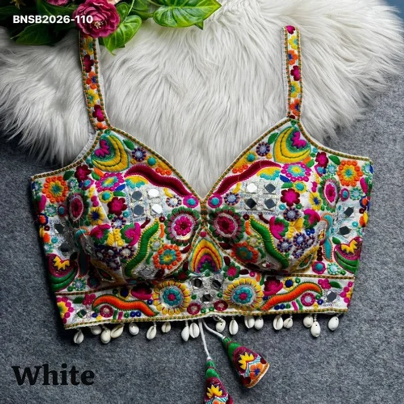 White Navratri Special Real Mirror Thread & Kaudi Work Spaghetti Blouse