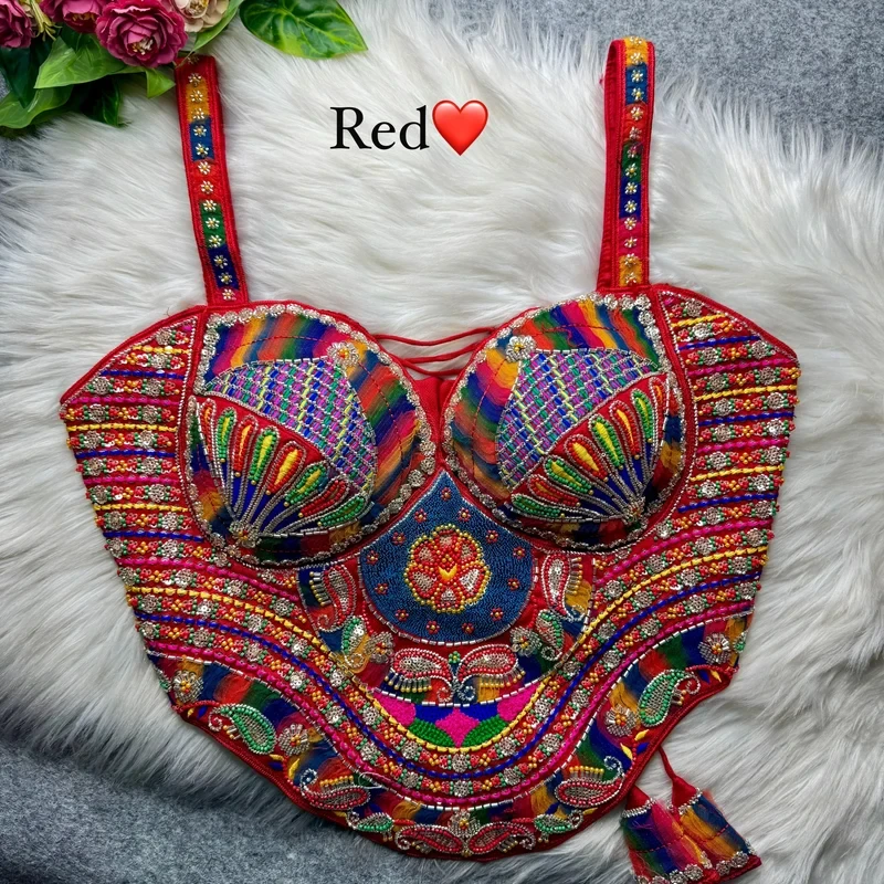 Red Navratri Special Multicolor Beads Handwork Embroidery Corset Blouse