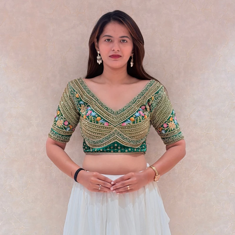 Green Sabyasachi Style Silk V-Neck Blouse with Beads & Multicolor Thread Work