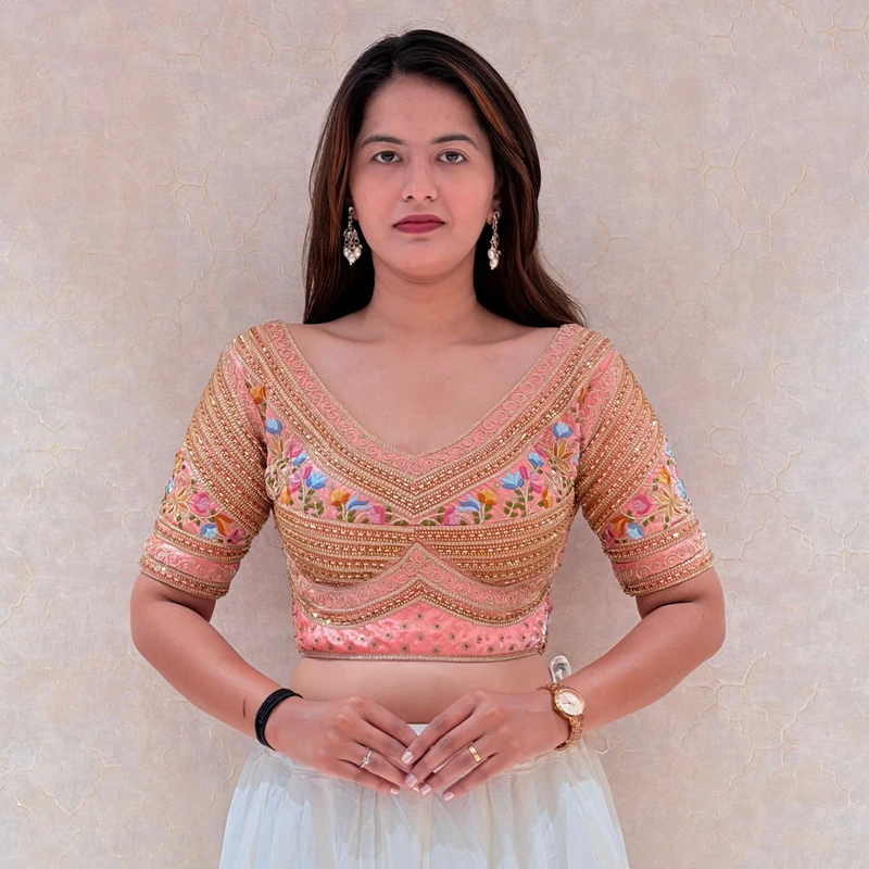 Pink Sabyasachi Style Silk V-Neck Blouse with Beads & Multicolor Thread Work