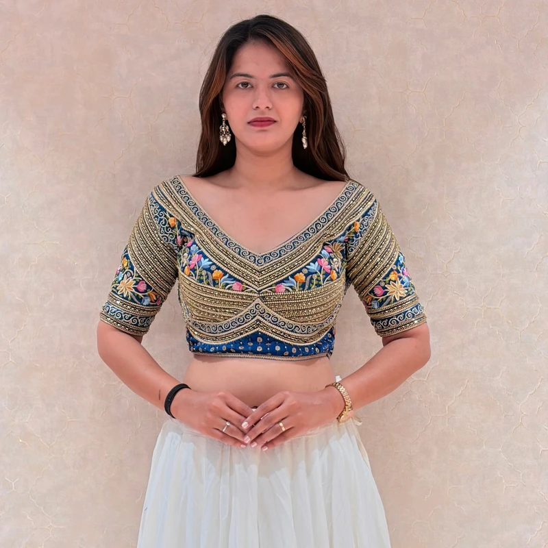 Blue Sabyasachi Style Silk V-Neck Blouse with Beads & Multicolor Thread Work