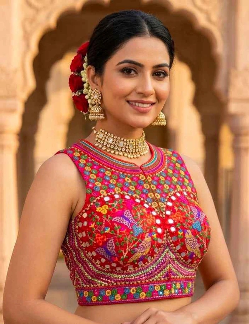 Red Halter Neck Mirror Work Navratri Blouse